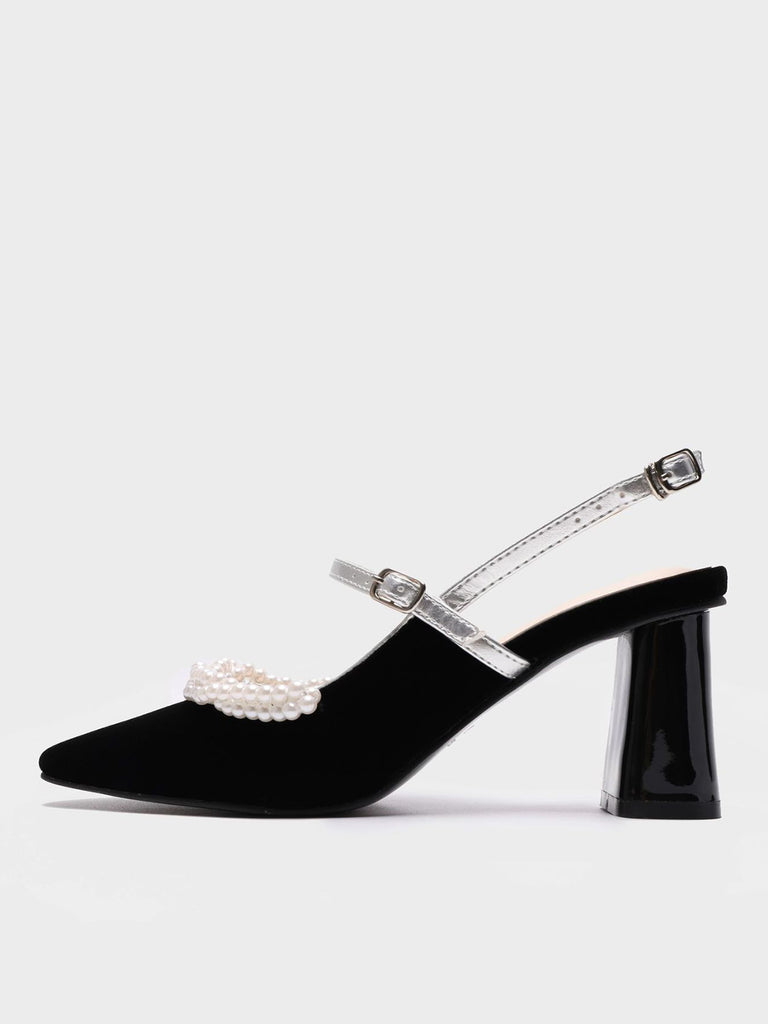 Velvet Pearl Embellished Mary Jane Heel Point Toe Mid Block Pumps - POPBAE