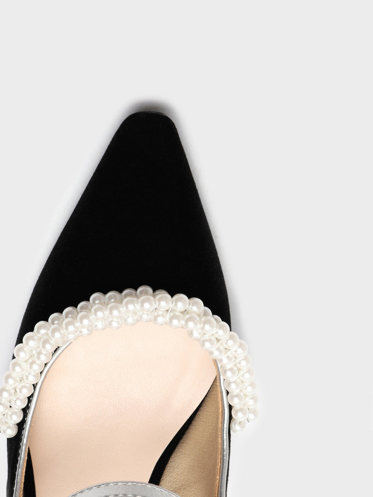 Velvet Pearl Embellished Mary Jane Heel Point Toe Mid Block Pumps - POPBAE