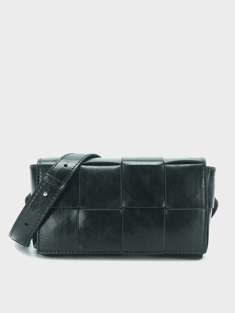 Square Cassette Mini Woven Belt Bag Wax Leather Crossbody Sling Fanny Pack - POPBAE