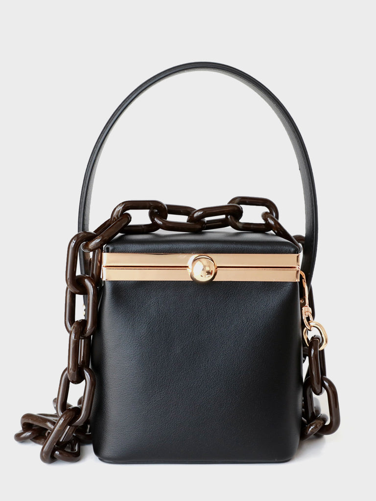Top Handle Box Bag Chunky Chain Leather Open-top Clip Clutch Mini Bucket Bag - POPBAE