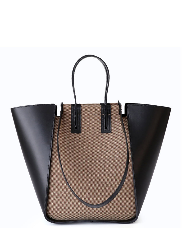 Leather Linen Top Handle Tote Bag Open-top Bucket Bag - POPBAE