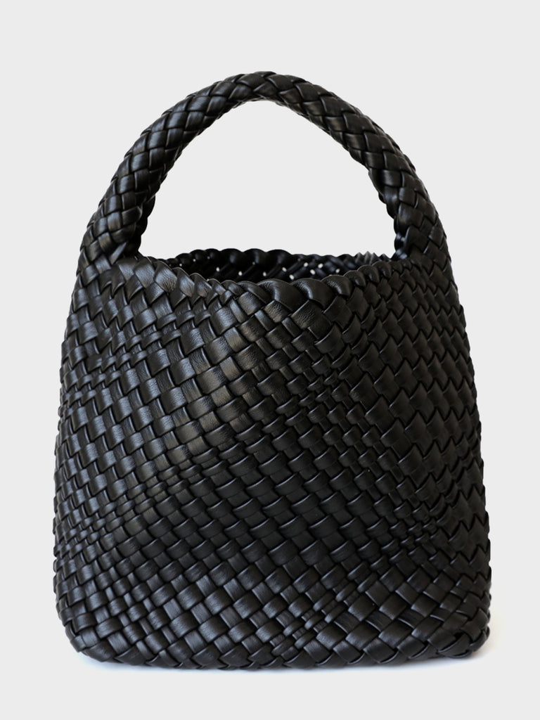 Leather Handmade Woven Top Handle Bucket Tote Bag Braided Open-top Basket Shoulder Bag - POPBAE