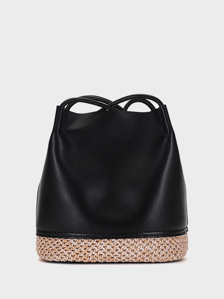 Leather Bucket Shoulder Bag Straw Braided Basket Bag Open-top Tote Bag - POPBAE