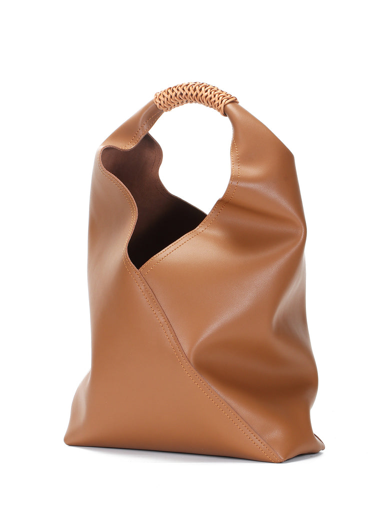 Leather V Open-top Basket Handbag Bucket Tote Bag With Braided Leather Handles - POPBAE