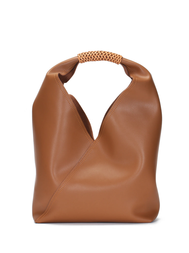Leather V Open-top Basket Handbag Bucket Tote Bag With Braided Leather Handles - POPBAE