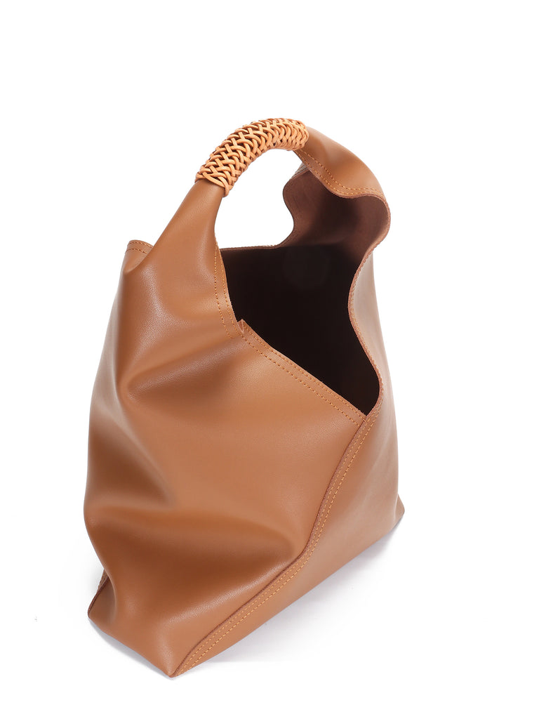 Leather V Open-top Basket Handbag Bucket Tote Bag With Braided Leather Handles - POPBAE