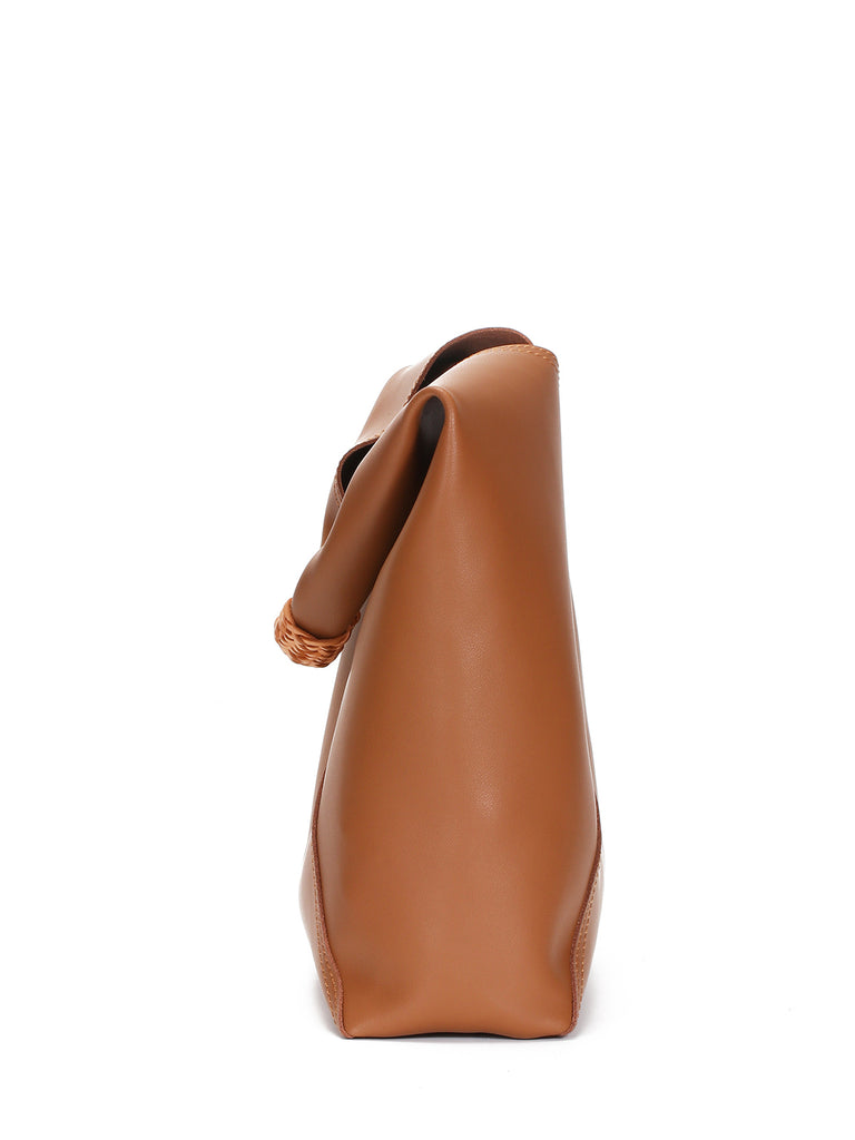 Leather V Open-top Basket Handbag Bucket Tote Bag With Braided Leather Handles - POPBAE