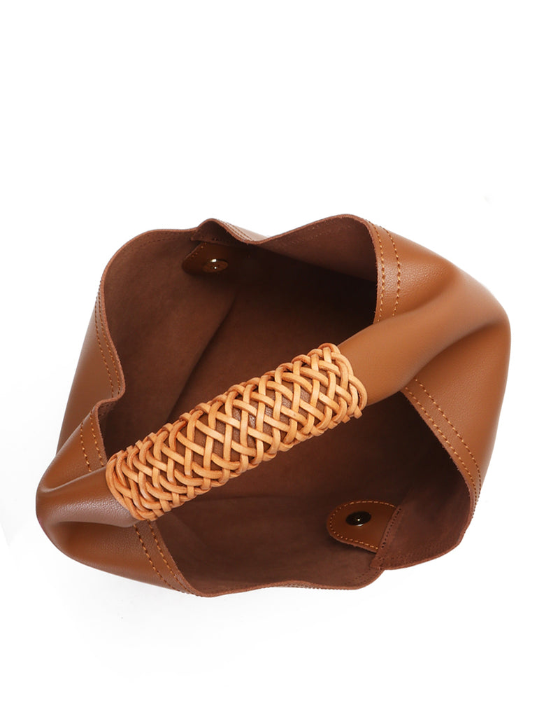 Leather V Open-top Basket Handbag Bucket Tote Bag With Braided Leather Handles - POPBAE