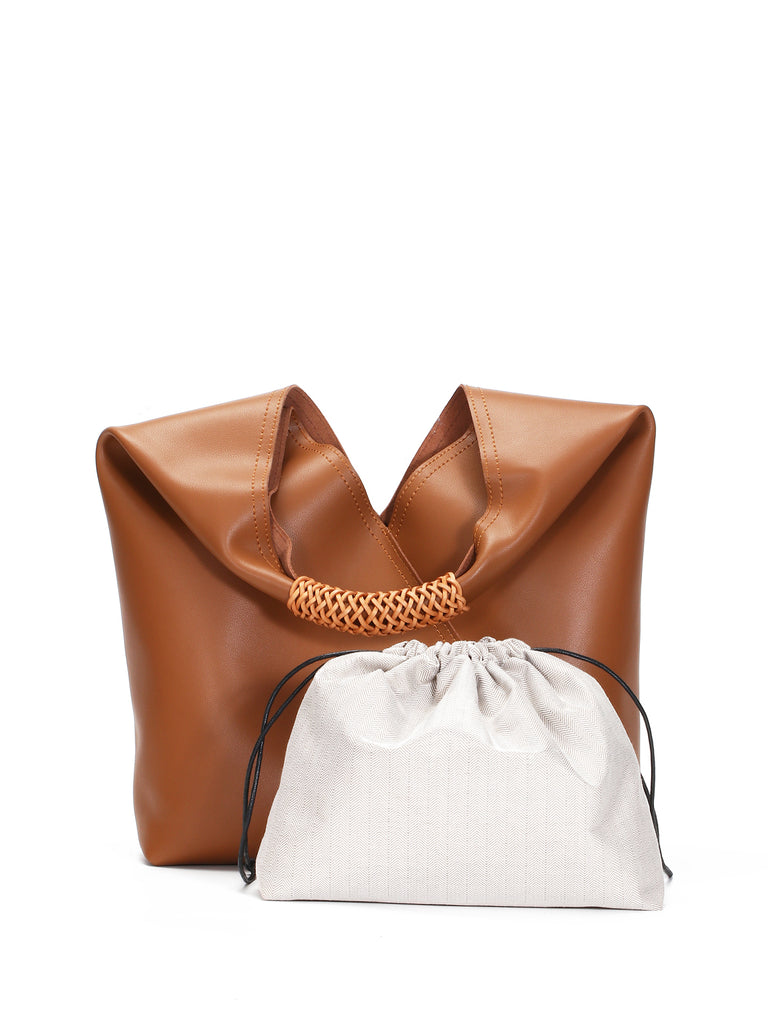 Leather V Open-top Basket Handbag Bucket Tote Bag With Braided Leather Handles - POPBAE