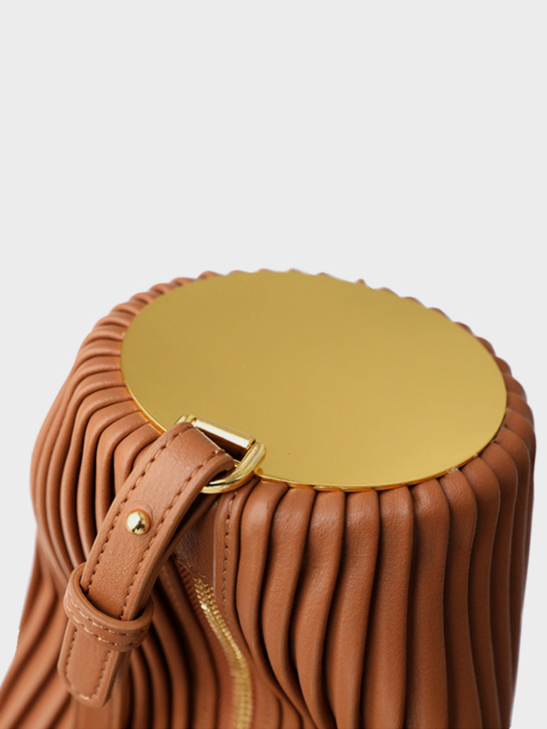 Leather Bracelet Drum Pleated Shoulder Bag Baguette Pouch - POPBAE