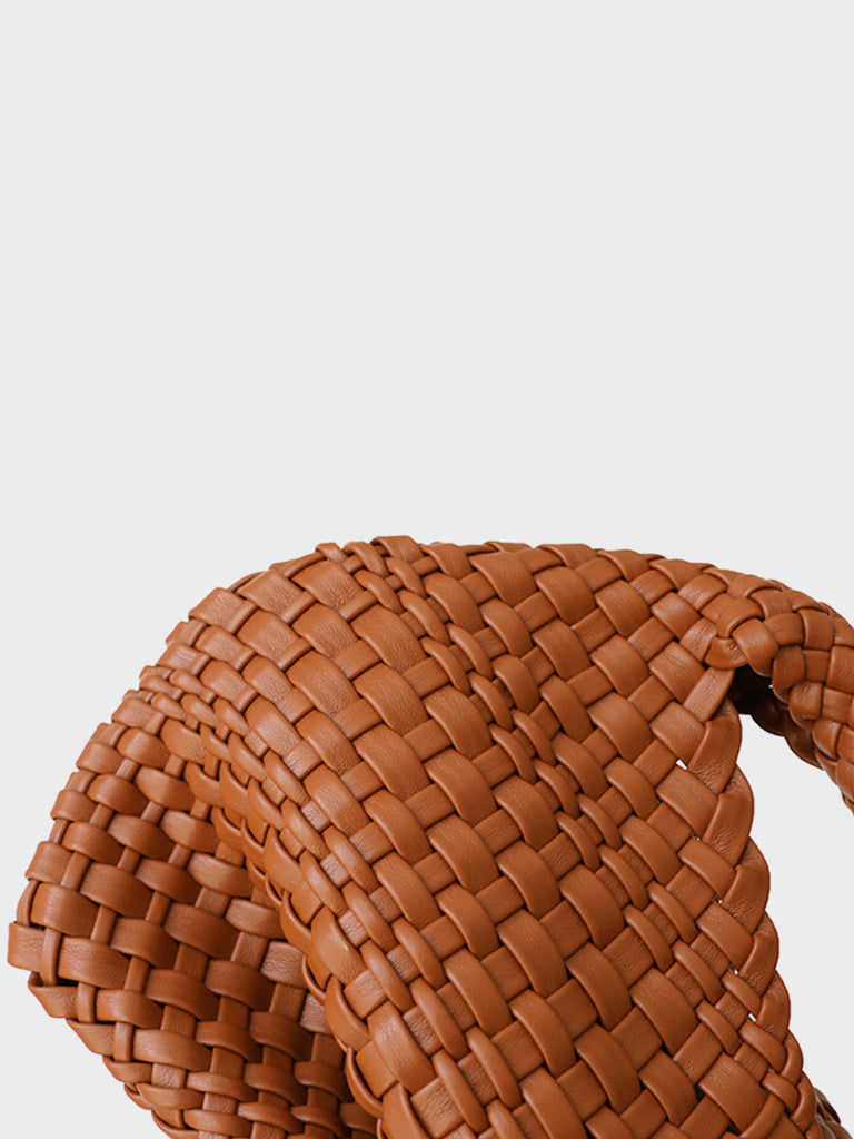 Leather Handmade Woven Top Handle Bucket Tote Bag Braided Open-top Basket Shoulder Bag - POPBAE