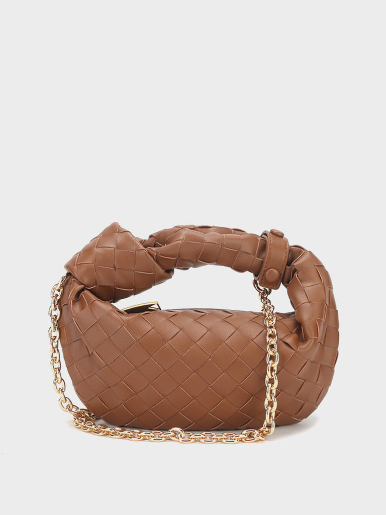 Woven Leather Jodie Tote Bag Top Handle Shoulder Bag Braiding Clutch Gold Chain - POPBAE