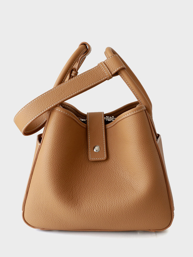Leather Bucket Bag Top Handle Basket Bag Open-top Tote Bag - POPBAE