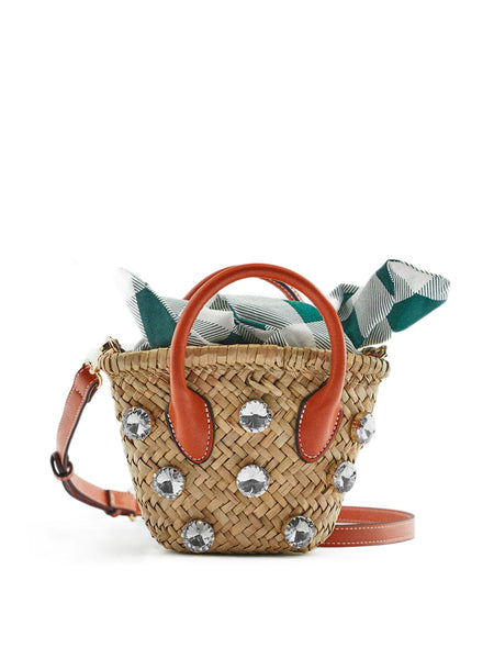 Summer Straw Braided Basket Bag Open-top Petit Bucket Handbag Top Handle Crystal Embellishment Clutch - POPBAE