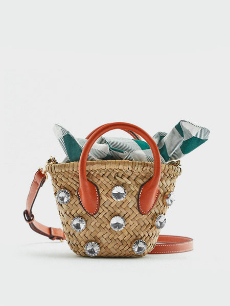 Summer Straw Braided Basket Bag Open-top Petit Bucket Handbag Top Handle Crystal Embellishment Clutch - POPBAE