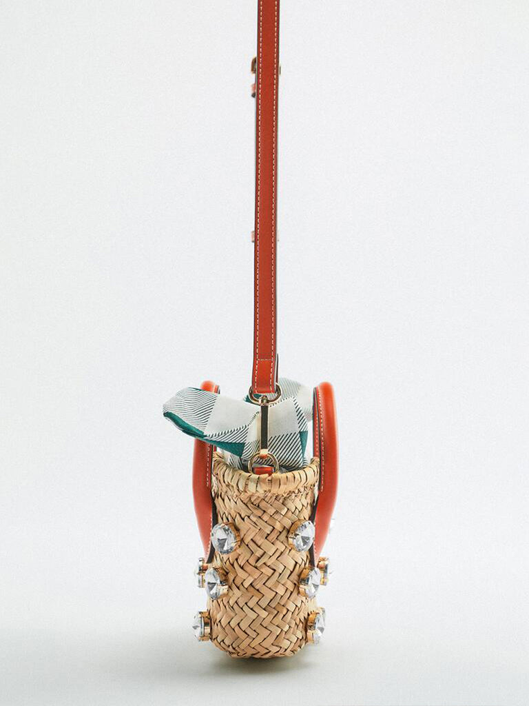 Summer Straw Braided Basket Bag Open-top Petit Bucket Handbag Top Handle Crystal Embellishment Clutch - POPBAE