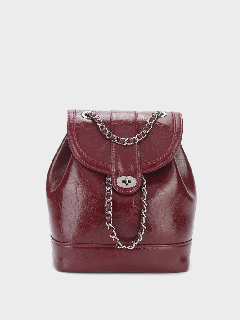 Leather Mini Back Pack Silver Chain Strap Flap Shoulder Bag - POPBAE