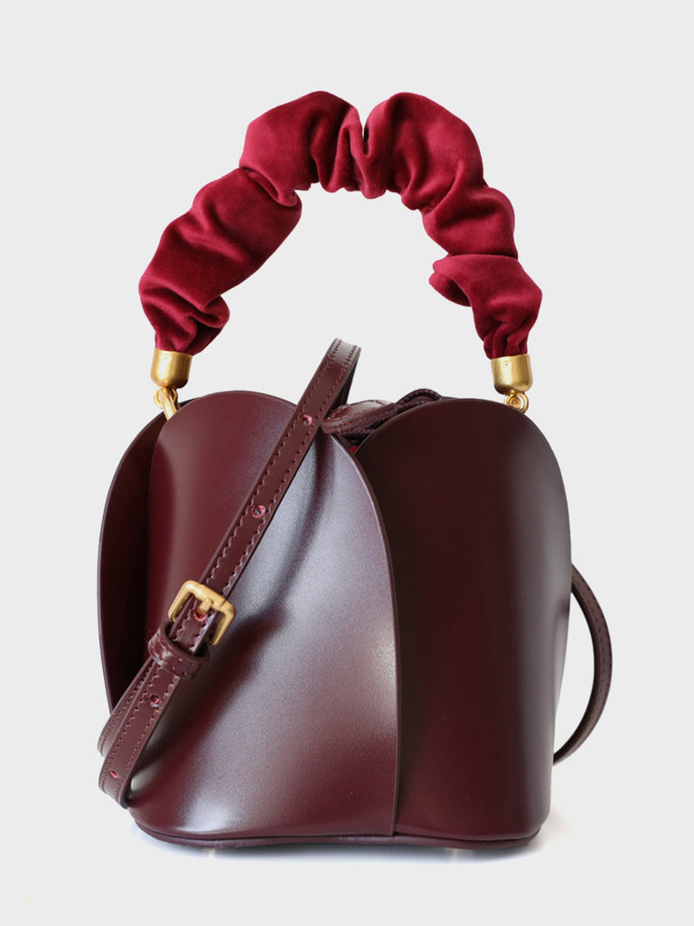Flower Shape Ruched Top Handle Bucket Bag Open-top Drawstring Leather Clutch - POPBAE