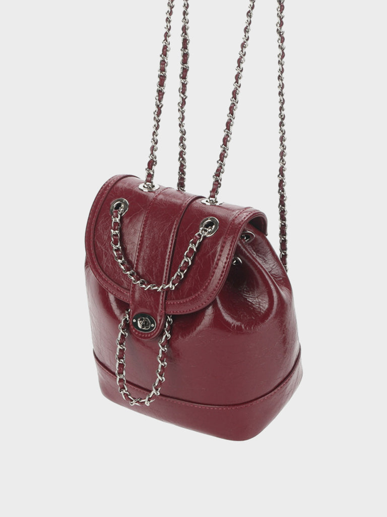 Leather Mini Back Pack Silver Chain Strap Flap Shoulder Bag - POPBAE