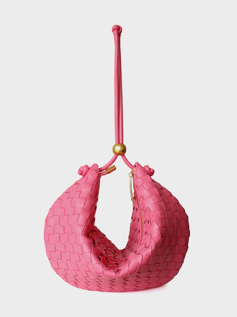 Leather Woven Mini Clutch Bag Dumpling Wrist Pouch Gold Ball Detail Crescent Bag - POPBAE