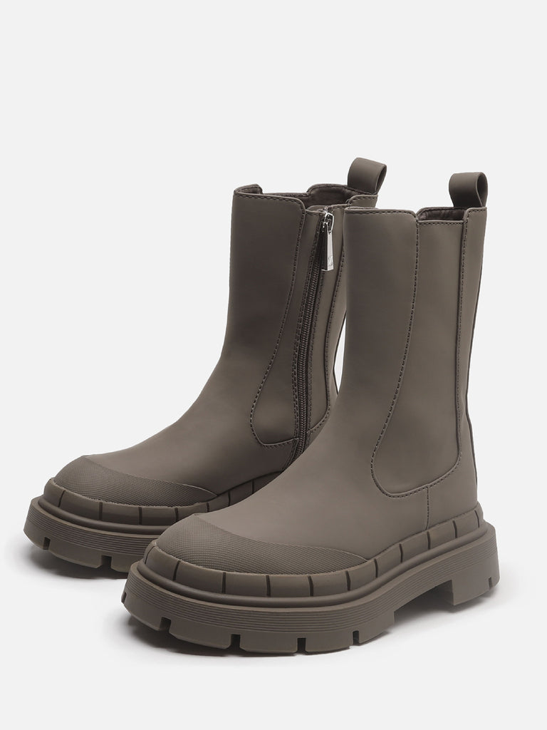 Women's Round Toe Chunky Sole Low Heel Solid Rubberized Chelsea Boots Zip Side - POPBAE