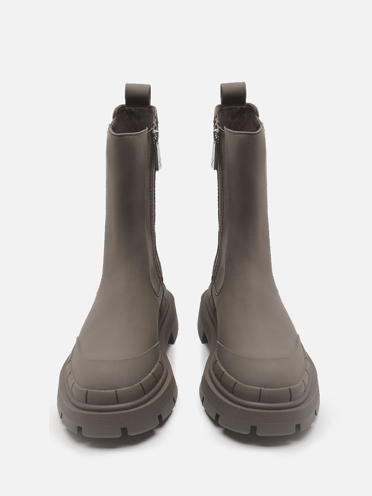 Women's Round Toe Chunky Sole Low Heel Solid Rubberized Chelsea Boots Zip Side - POPBAE
