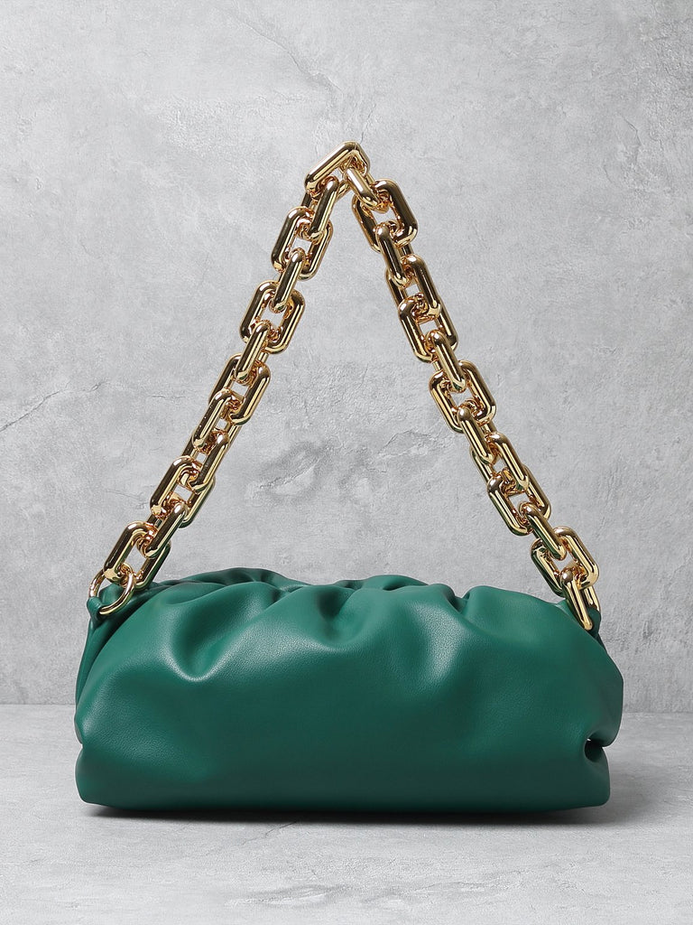 Women's Cloud Clutch Shoulder Bag Ruched Pouch Golden Chunky Chain Bag - POPBAE