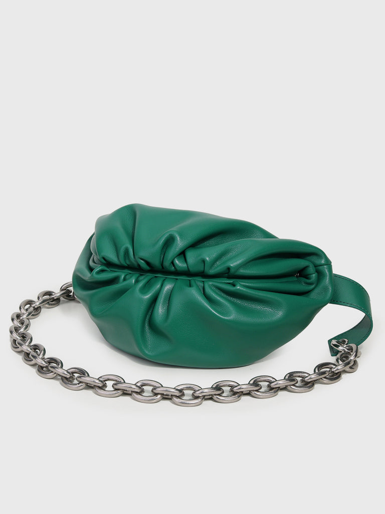 Women's Puffy Fanny Pack Cute Soft Leather Pouch Ruched Belt Bag Chunky Golden Chain - POPBAE