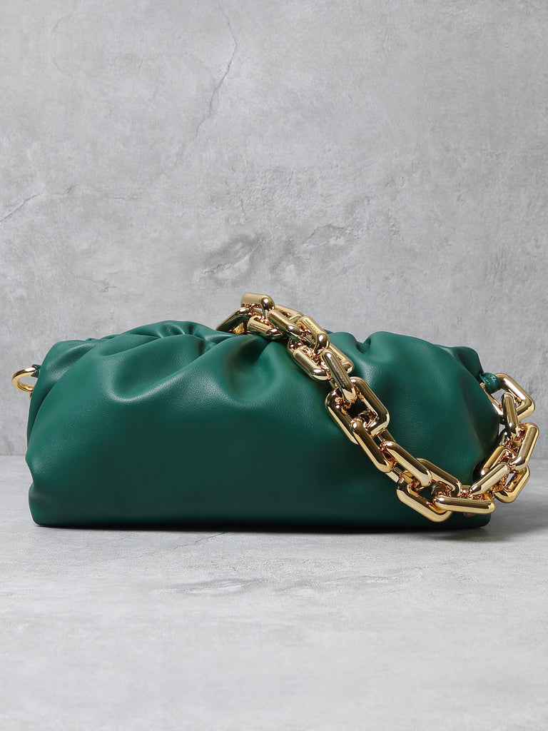 Women's Cloud Clutch Shoulder Bag Ruched Pouch Golden Chunky Chain Bag - POPBAE