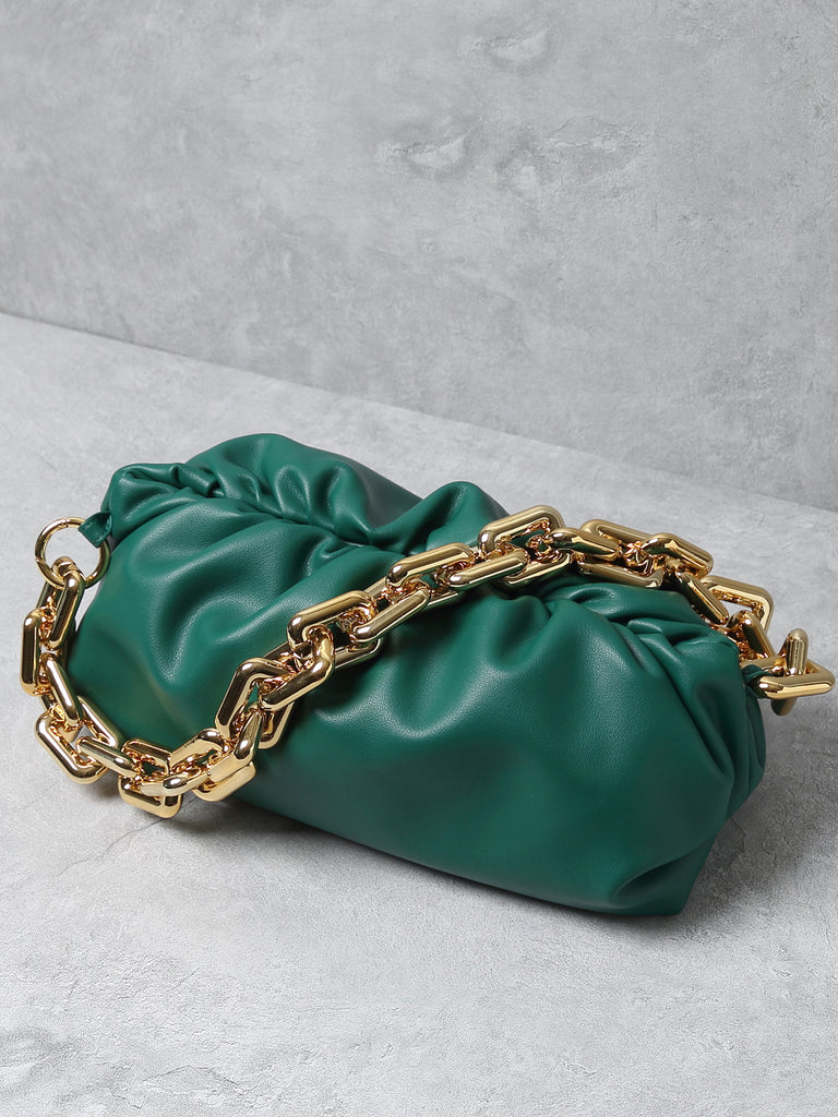 Women's Cloud Clutch Shoulder Bag Ruched Pouch Golden Chunky Chain Bag - POPBAE