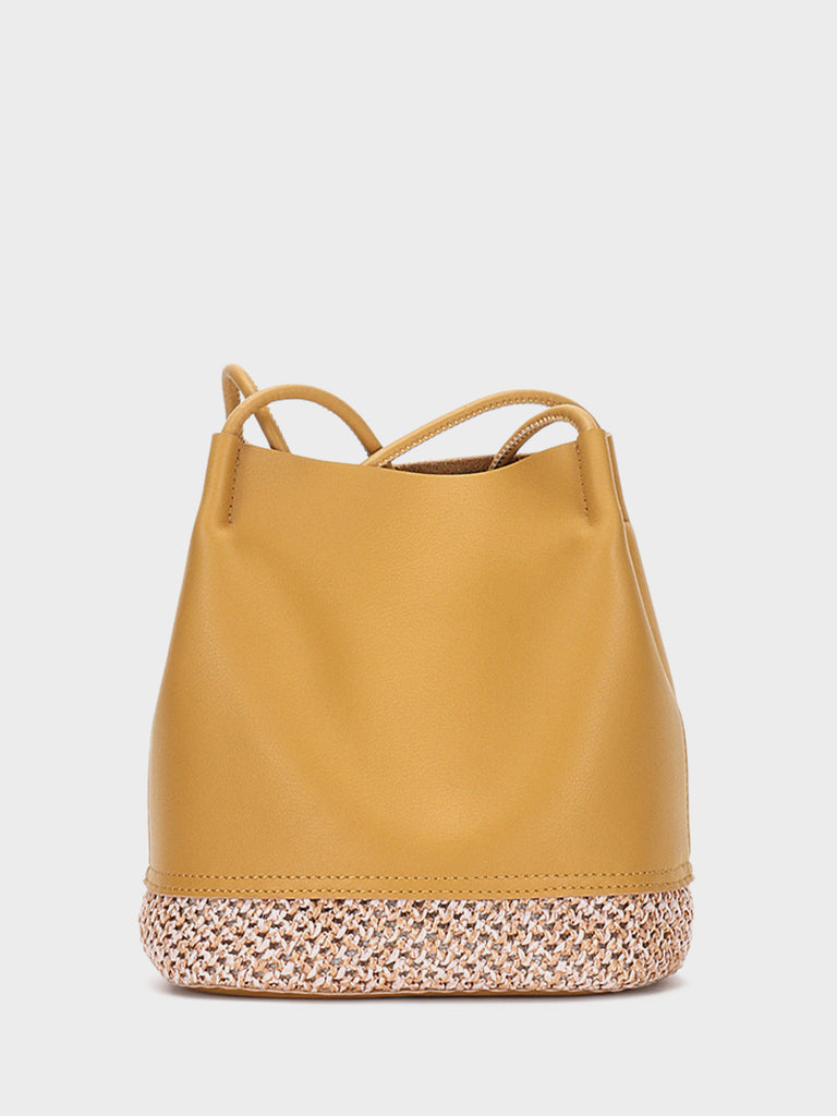Leather Bucket Shoulder Bag Straw Braided Basket Bag Open-top Tote Bag - POPBAE