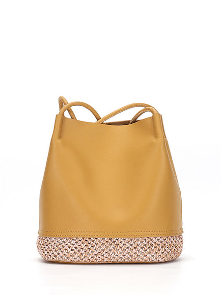 Leather Bucket Shoulder Bag Straw Braided Basket Bag Open-top Tote Bag - POPBAE