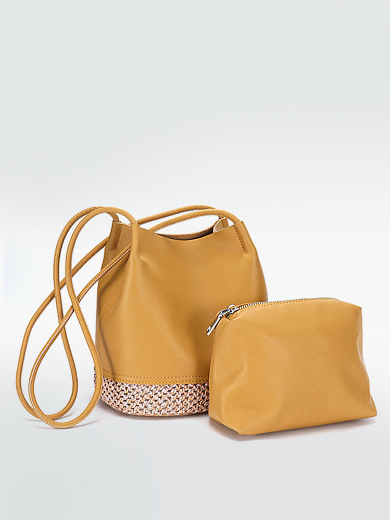 Leather Bucket Shoulder Bag Straw Braided Basket Bag Open-top Tote Bag - POPBAE