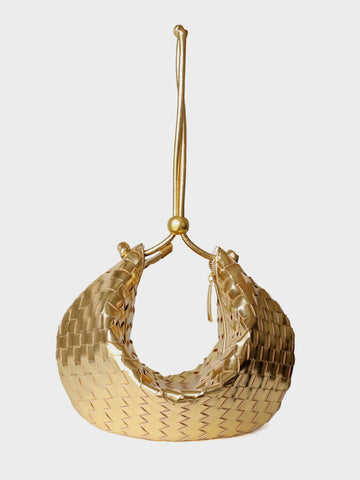 Leather Woven Mini Clutch Bag Dumpling Wrist Pouch Gold Ball Detail Crescent Bag - POPBAE
