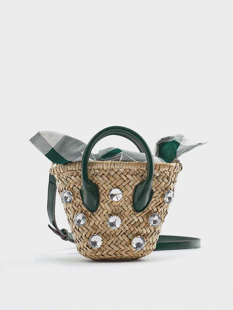 Summer Straw Braided Basket Bag Open-top Petit Bucket Handbag Top Handle Crystal Embellishment Clutch - POPBAE
