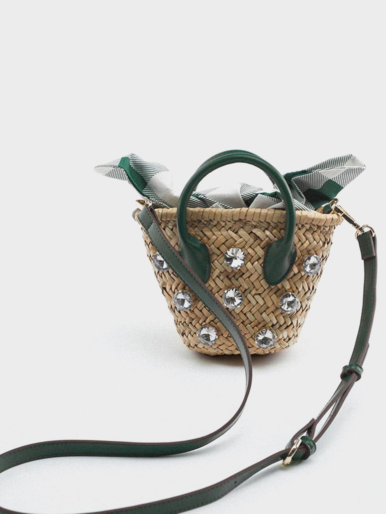 Summer Straw Braided Basket Bag Open-top Petit Bucket Handbag Top Handle Crystal Embellishment Clutch - POPBAE
