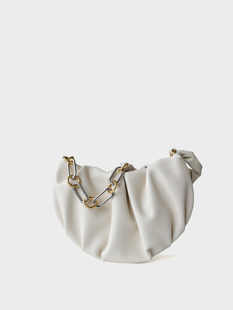 Ruched Crescent Hobo Bag Golden Chain Puffy Soft Leather Cloud Shoulder Bag - POPBAE