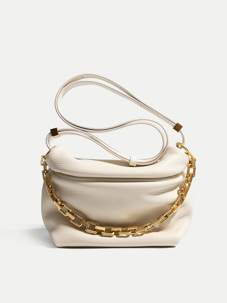 Women's Puffy Small Leather Shoulder Bag Cloud Bucket Pouch Gold Chain - POPBAE