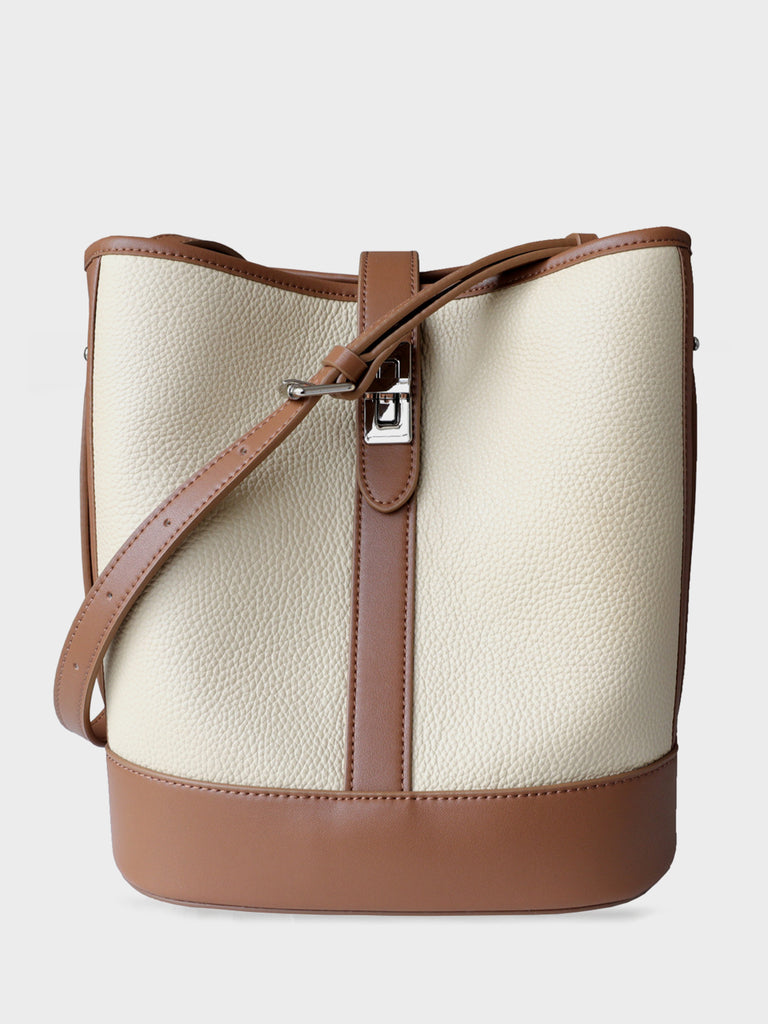 Retro Leather Bucket Shoulder Bag Saddle Tote Bag Silver Hardware - POPBAE