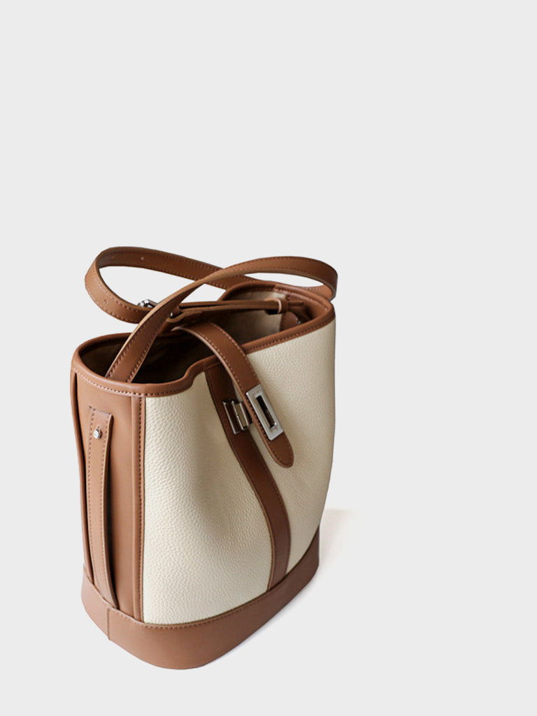 Retro Leather Bucket Shoulder Bag Saddle Tote Bag Silver Hardware - POPBAE