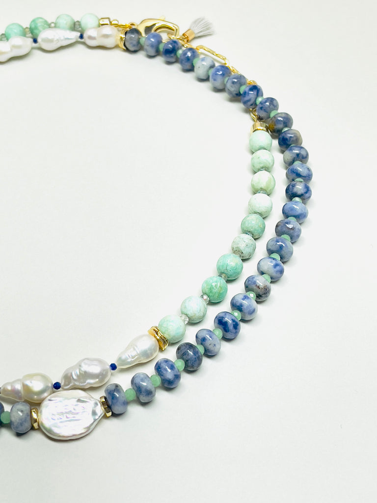 Natural Stone Amazonite Baroque Pearl Double Layer Necklace  | SAWUBONA - POPBAE