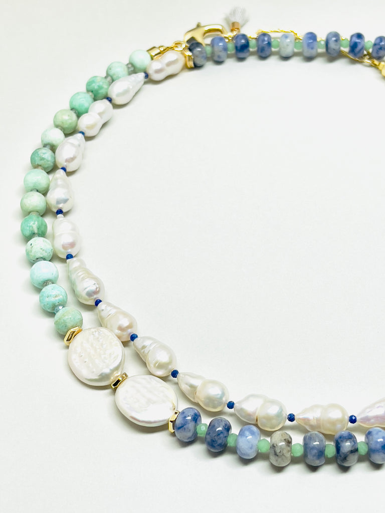 Natural Stone Amazonite Baroque Pearl Double Layer Necklace  | SAWUBONA - POPBAE