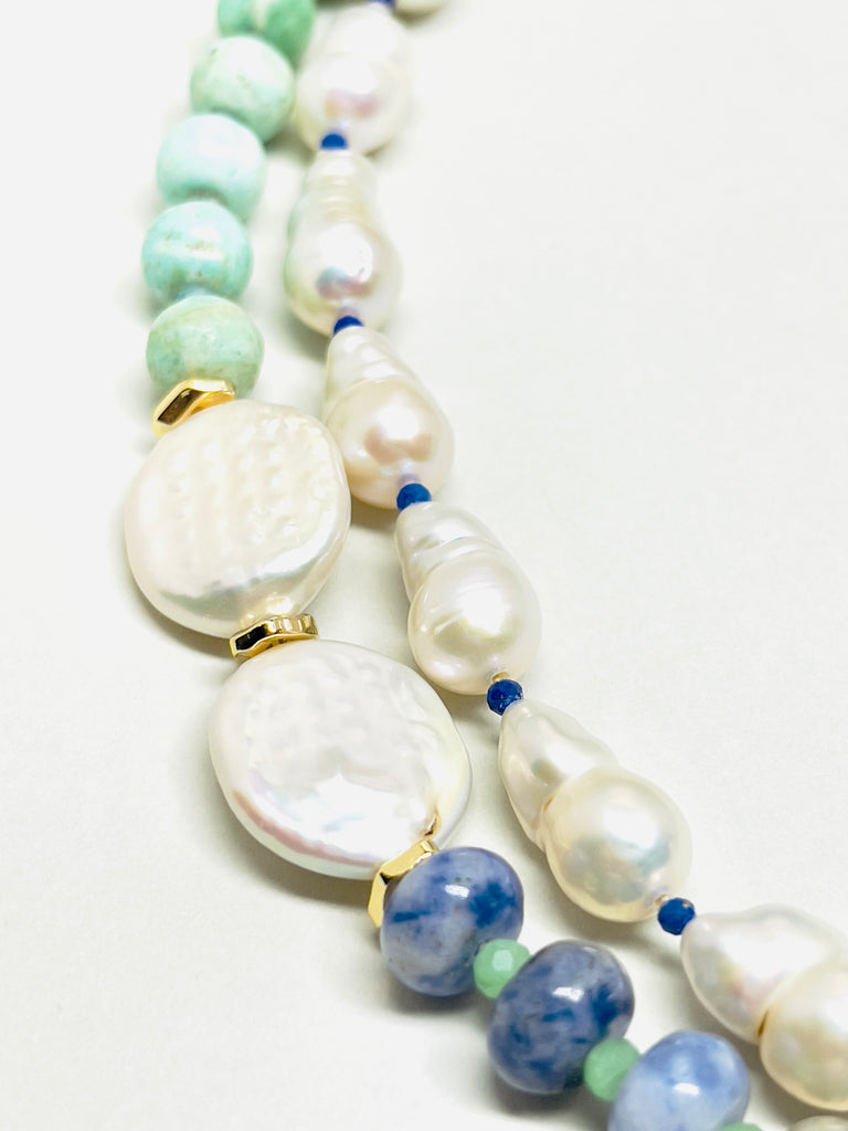 Natural Stone Amazonite Baroque Pearl Double Layer Necklace  | SAWUBONA - POPBAE