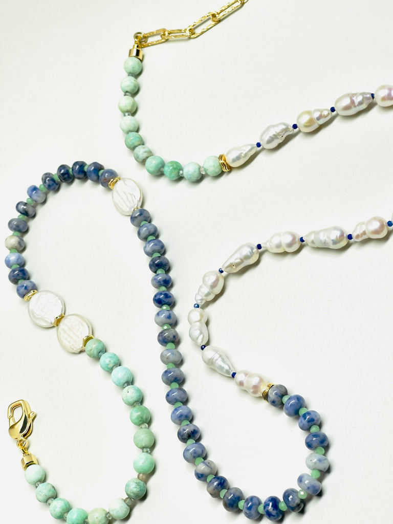 Natural Stone Amazonite Baroque Pearl Double Layer Necklace  | SAWUBONA - POPBAE