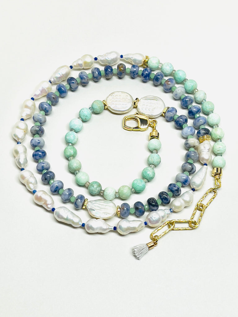 Natural Stone Amazonite Baroque Pearl Double Layer Necklace  | SAWUBONA - POPBAE