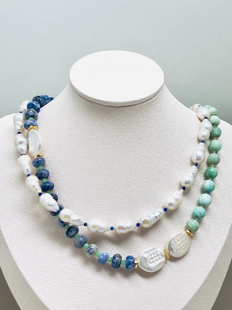 Natural Stone Amazonite Baroque Pearl Double Layer Necklace  | SAWUBONA - POPBAE