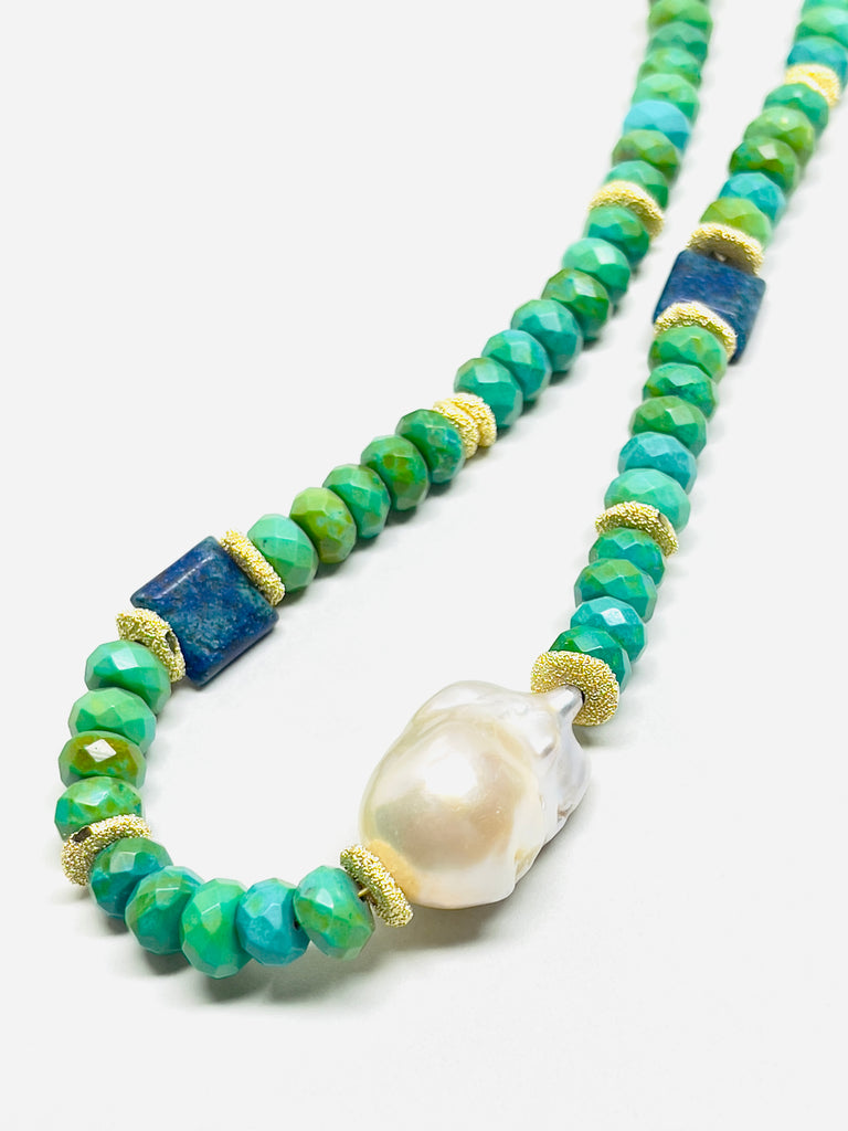 Green Turquoise Baroque Pearl Necklace Natural Stone Gold Detail Choker | SAWUBONA - POPBAE