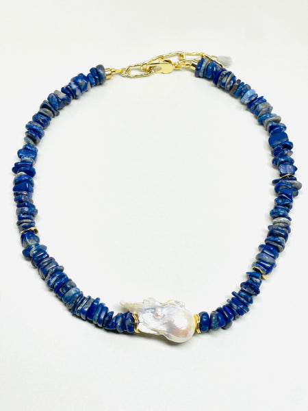 Natural Stone Lapis Lazuli Chocker Freshwater Baroque Pearl Necklace | SAWUBONA - POPBAE