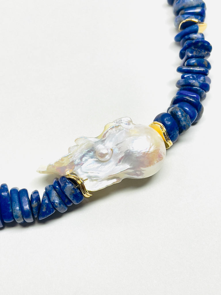 Natural Stone Lapis Lazuli Chocker Freshwater Baroque Pearl Necklace | SAWUBONA - POPBAE