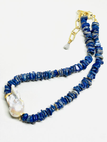 Natural Stone Lapis Lazuli Chocker Freshwater Baroque Pearl Necklace | SAWUBONA - POPBAE